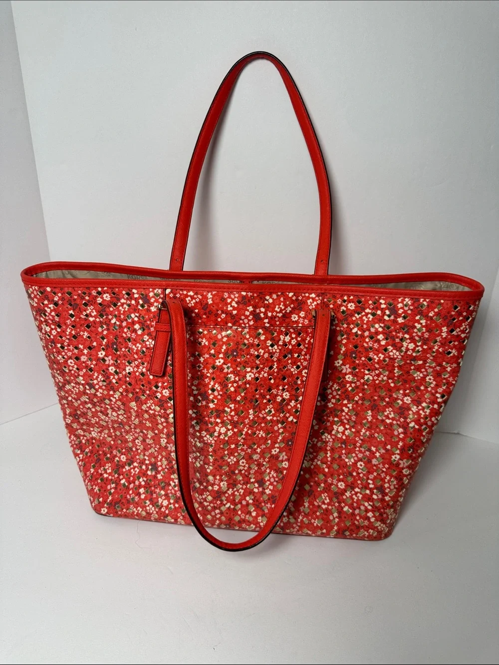 Michael Kors Jet Set Floral Red Metallic Details Tote Bag Signature Gold Charm